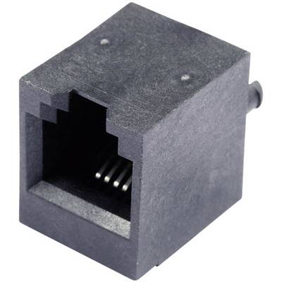 Czarna wtyczka RJ45 do połączeń Ethernet, pokazująca typowy prostokątny gniazdo i wewnętrzne styki.