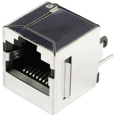 Złącze sieciowe RJ45 w srebrnym kolorze, wyposażone w osiem metalowych styków i obudowę z tworzywa sztucznego.