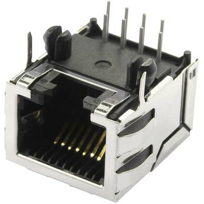 Złącze RJ45 z metalową obudową i widocznymi stykami pinowymi na górze, przeznaczone do zastosowań w połączeniach sieciowych.