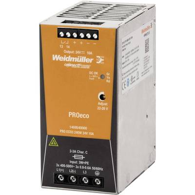Zasilacz firmy Weidmüller, model PROeco ECD3 240W 24V 10A, z przednią ścianką w kolorze pomarańczowym i przełącznikiem regulacyjnym dla zakresu 22-28 V.
