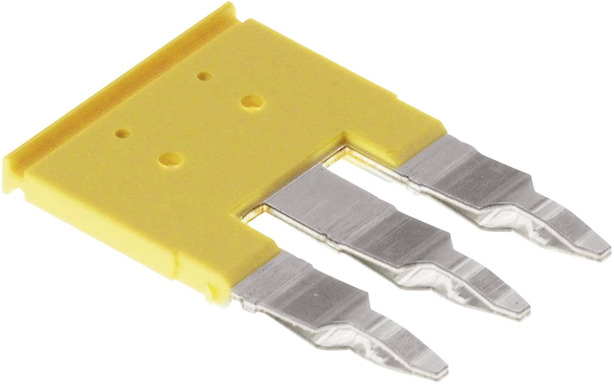 Żółty bezpiecznik płaski z trzema metalowymi zakładkami, typowy dla zabezpieczeń elektrycznych w zastosowaniach samochodowych.