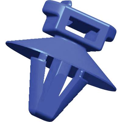 Niebieski plastikowy klips o trójkątnej podstawie i prostokątnej górnej części. Używany do mocowania materiałów lub komponentów.