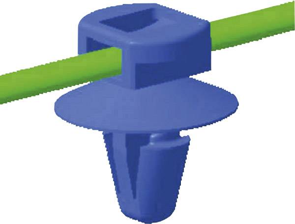 Niebieski kołek trzyma zielony kabel. Kołek posiada podstawę w kształcie koła i kwadratowy otwór do mocowania.