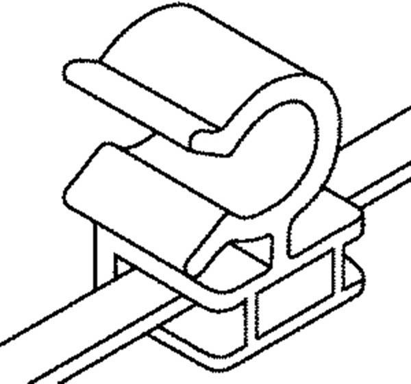 Schematyczny rysunek przedstawia uchwyt kablowy zabezpieczający przewód w otwartym uchwycie.