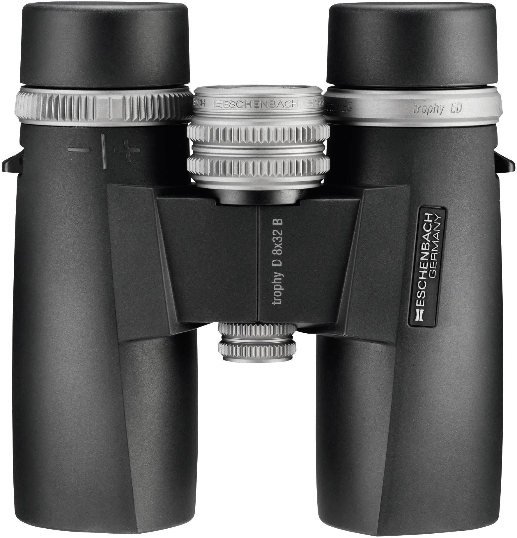 Lornetka w czarnej obudowie z srebrnymi akcentami. Marka 'Eschenbach', model 'Trophy D 8x32 B'. Urządzenie optyczne do obserwacji na odległość.