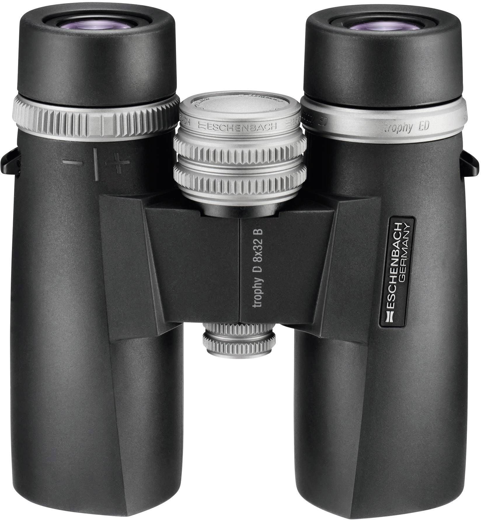 Czarna lornetka z napisem 'ESCHENBACH GERMANY' oraz 'trophy 8x32 B', odpowiednia do aktywności na świeżym powietrzu i obserwacji przyrody.
