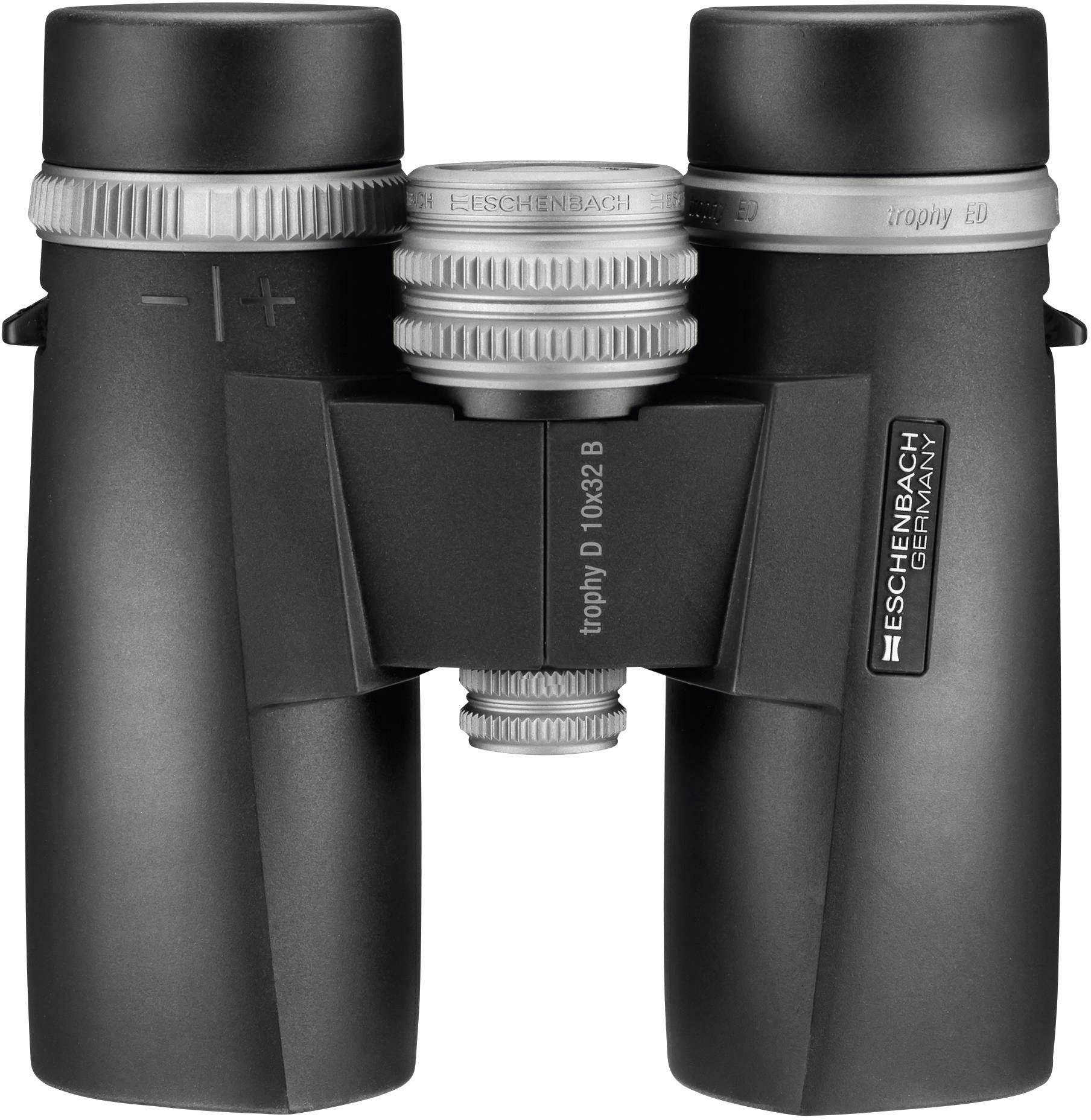 Czarna lornetka marki Eschenbach, model 'Trophy D 10x32 B', z precyzyjną optyką do aktywności na świeżym powietrzu.