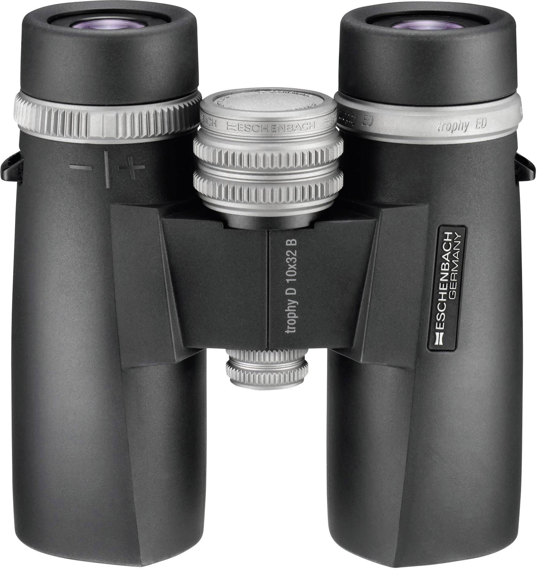 Czarna lornetka z napisem 'trophy D 10x32 B' oraz 'ESCHENBACH GERMANY'.