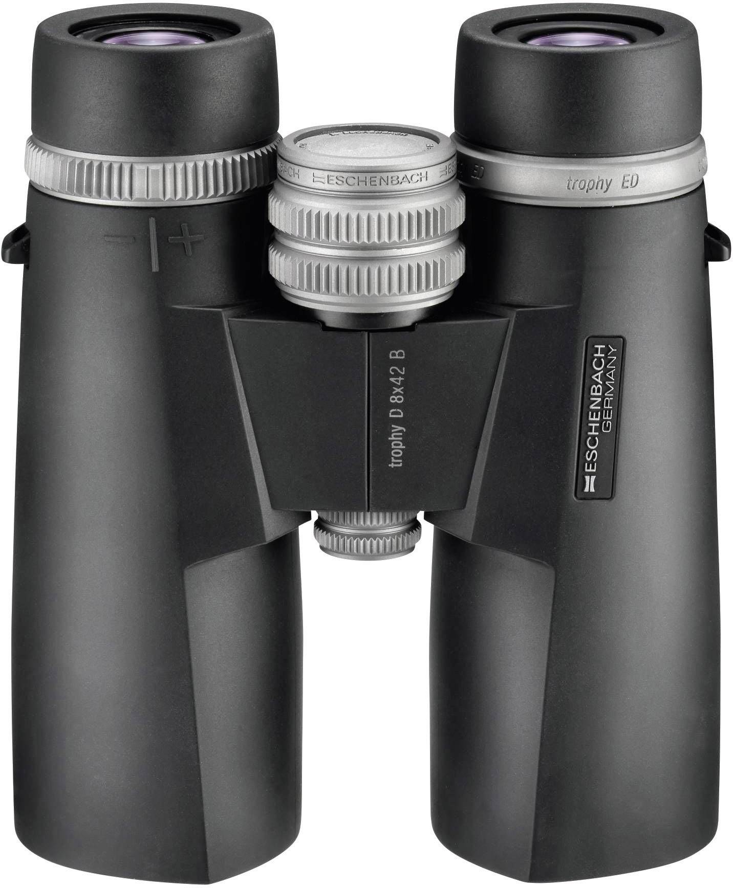 Lornetka z szarą obudową, model 'trophy 8x42 B' firmy Eschenbach, prezentuje możliwości regulacji ostrości i powiększenia.