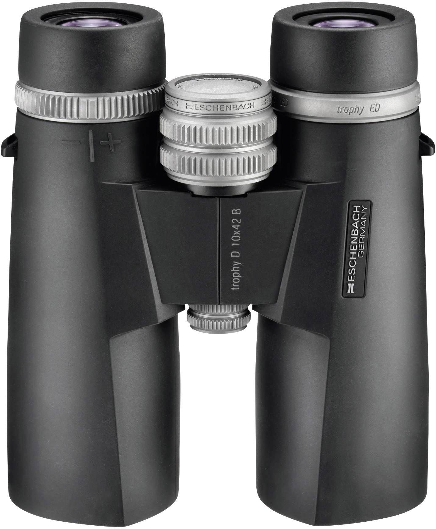 Lornetka w kolorze czarnym z napisem 'ESCHENBACH trophy D 10x42 B'.