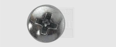 Srebrna metalowa śruba z rowkiem krzyżowym na szarym tle.