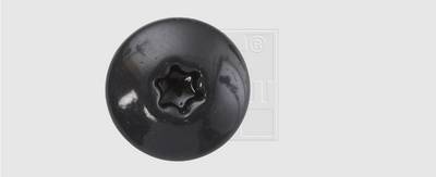 Czarny, okrągły guzik plastikowy z ząbkowanym otworem pośrodku, na białym tle.