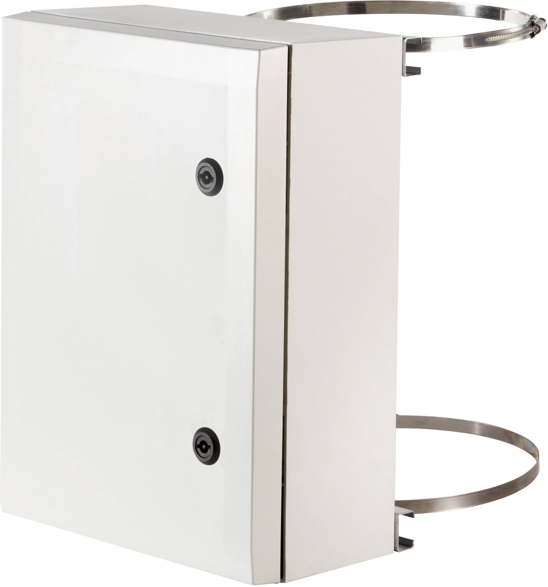 Prostokątna, biała szafka ścienna z dwoma okrągłymi zamknięciami na froncie oraz hakiem mocującym z boku.