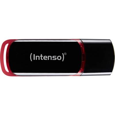 Czarny pendrive marki 'Intenso' z czerwonymi akcentami.