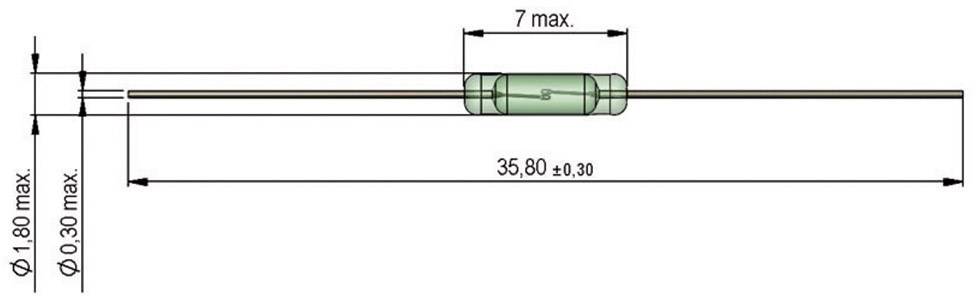 Rysunek techniczny elementu elektronicznego, prawdopodobnie diody. Wymiary: długość 35,6 mm, szerokość 7 mm, średnica przewodu 0,3 mm.