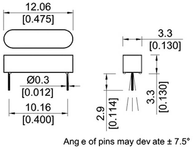 Rysunek owalnego elementu elektrycznego z wymiarami. Szerokość 12,06 mm, wysokość 3,3 mm. Odchylenie kąta styku ±7,5°.