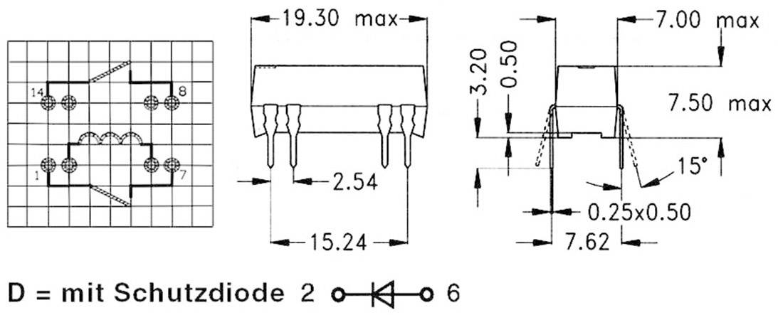 Schemat elektryczny chipa z diodą ochronną. Wymiary: 19,30 x 7,00 mm, wysokość 3,20-15,24 mm, rozstaw pinów 2,54 mm, kąt 15 stopni.