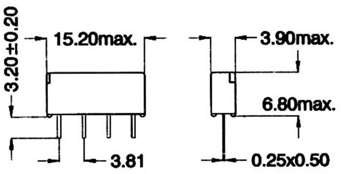 Rysunek podzespołu elektronicznego z wymiarami: długość 15,20 mm, szerokość 3,90 mm, wysokość 3,20 mm, końcówki przyłączeniowe od dołu.