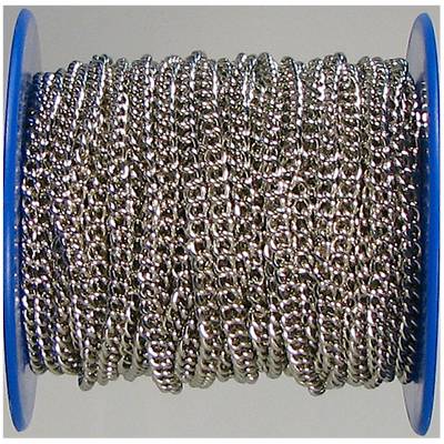 Srebrny metalowy łańcuch zwinięty na niebieskiej plastikowej szpuli.