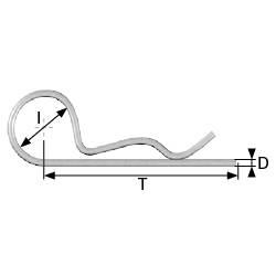 Gwoźdź druciany z zagiętą główką. Rysunek przedstawia wymiary: średnicę (D) i długość (T). Kolejny łuk jest oznaczony jako 'L'.