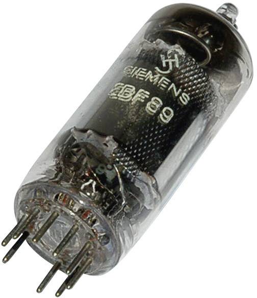 Lampka elektronowa z metalowymi pinami z napisem 'Siemens EBF89'.