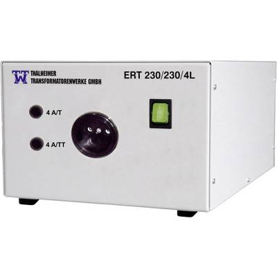 Obraz przedstawia urządzenie elektryczne firmy Thalheimer Transformatorenwerke GmbH z oznaczeniami '4 A/T' i 'ERT 230/230/4L'. Widoczny jest zielony przełącznik.