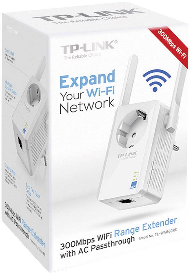 Repeater Wi-Fi firmy TP-Link, model TL-WA860RE, opakowanie prezentuje urządzenie z wtyczką do gniazdka elektrycznego i antenami, reklamuje '100 Mb/s WiFi' i rozszerza zasięg sieci.