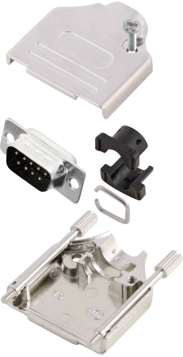 Zestaw metalowej obudowy do złączy D-Sub, składający się z elementów obudowy, śruby, zacisku plastikowego oraz zacisku przewodu.
