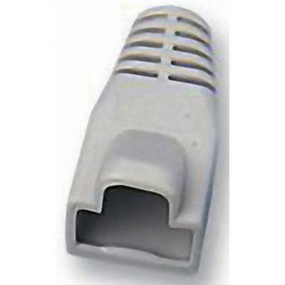 Szary wtyk RJ45 z osłoną z tworzywa sztucznego i zabezpieczeniem kabla, typowo stosowany w połączeniach Ethernet w sieciach komputerowych.