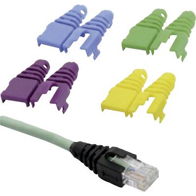 Przewód sieciowy z wtyczką RJ45 w kolorze czarno-zielonym, obok kolorowe nasadki ochronne na kable w kolorach niebieskim, zielonym, fioletowym i żółtym.
