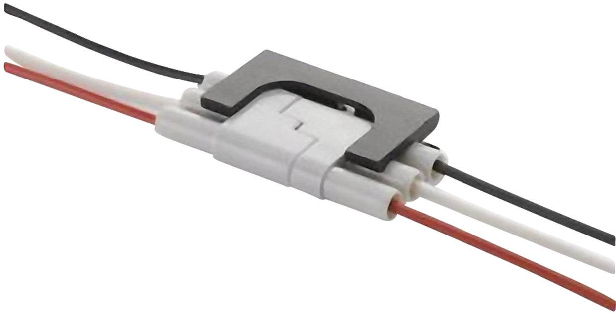 Czarny czujnik prądu w kształcie litery U jest podłączony za pomocą białych i czerwonych przewodów, prawdopodobnie do monitorowania przepływu elektryczności.