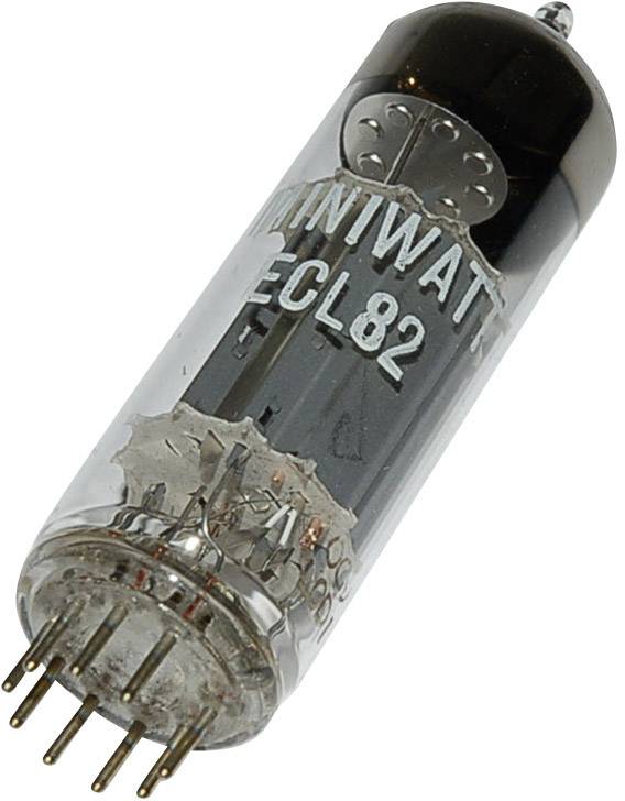 Lampa elektronowa marki Miniwatt, model ECL82, z metalowymi pinami i szklaną bańką. Stosowana w wzmacniaczach i radioodbiornikach.