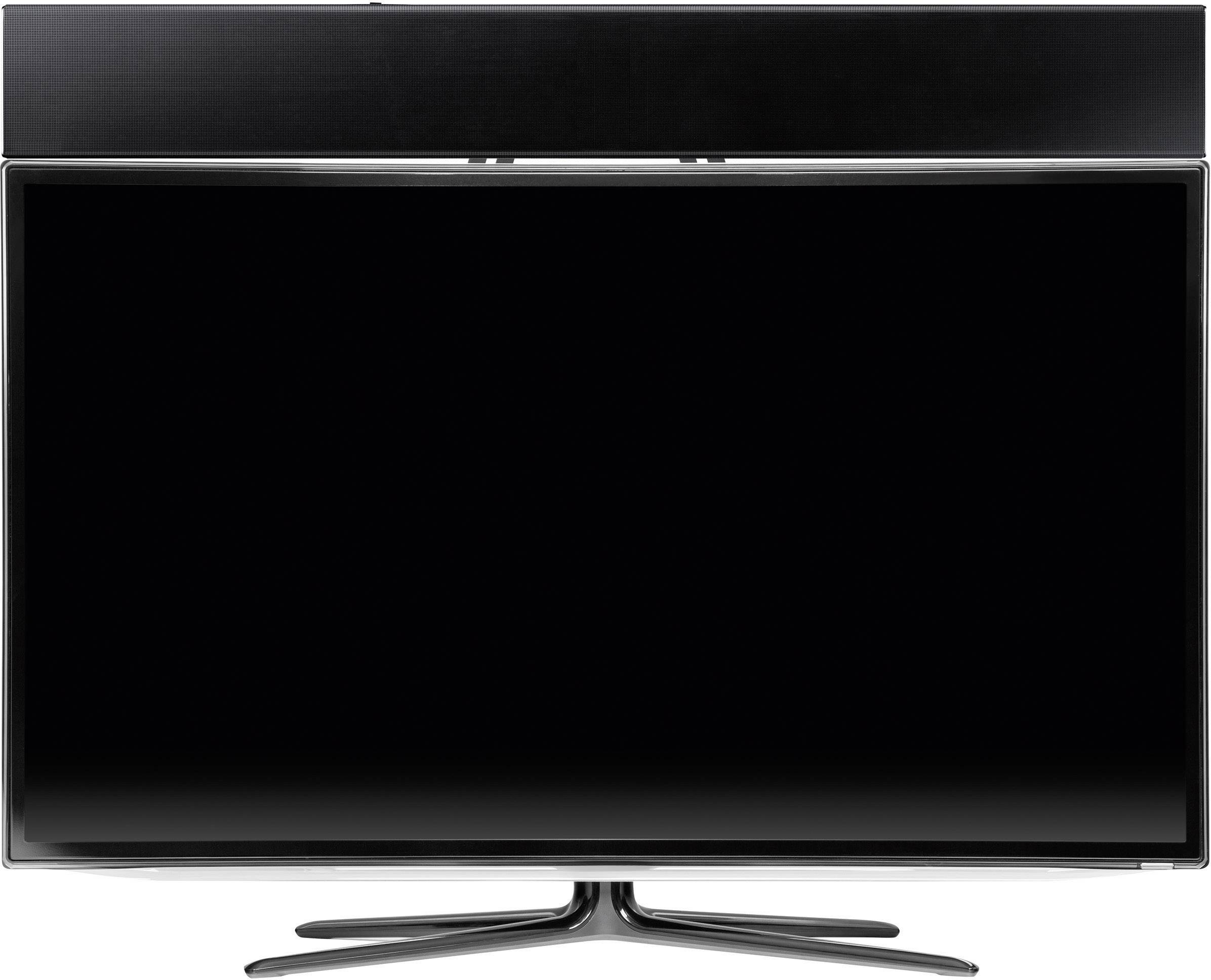 Nowoczesny telewizor LCD z czarnym ekranem, srebrną ramką i prostokątną podstawą.