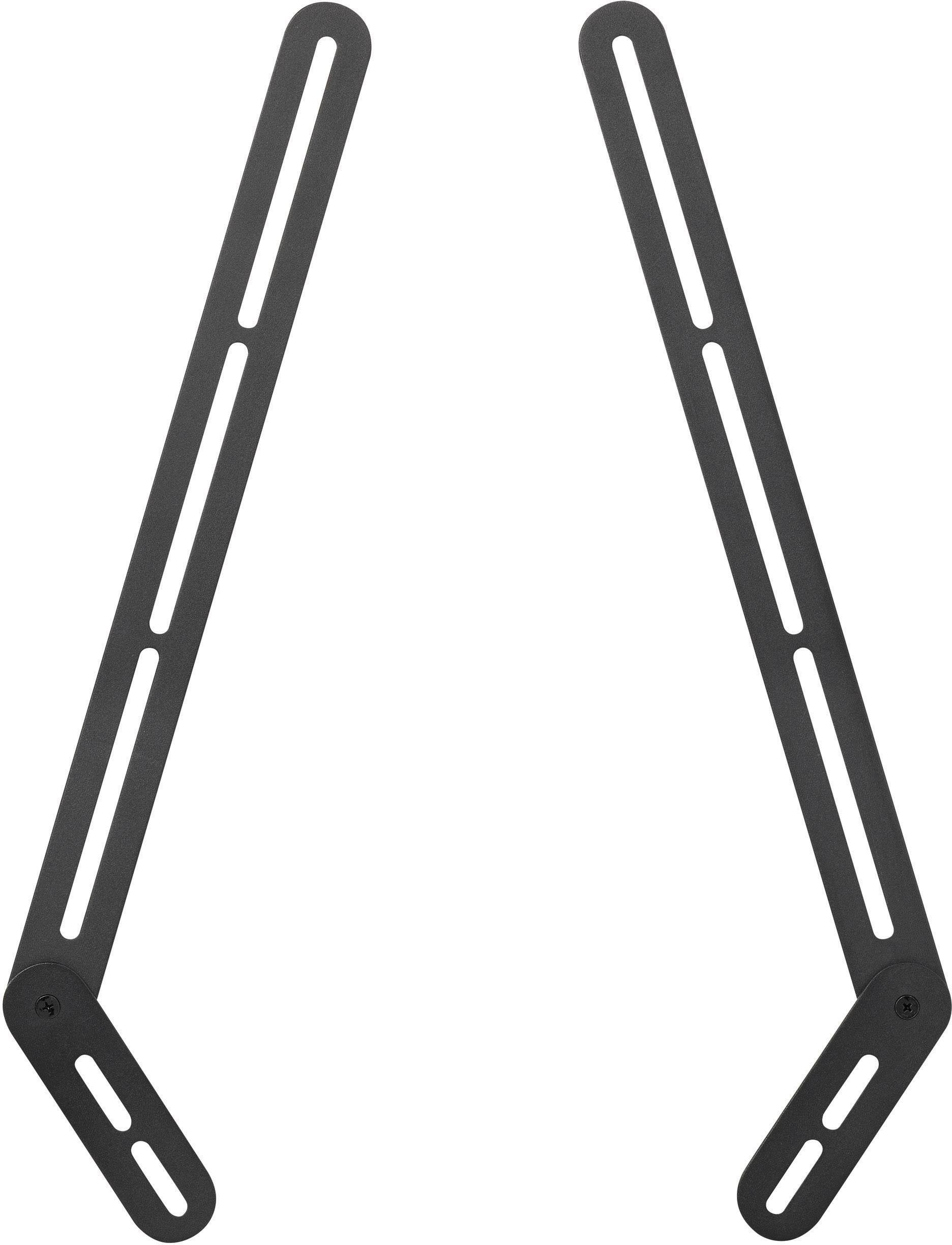Dwie równoległe, czarne metalowe belki z kilkoma podłużnymi otworami do elastycznego mocowania obiektów.