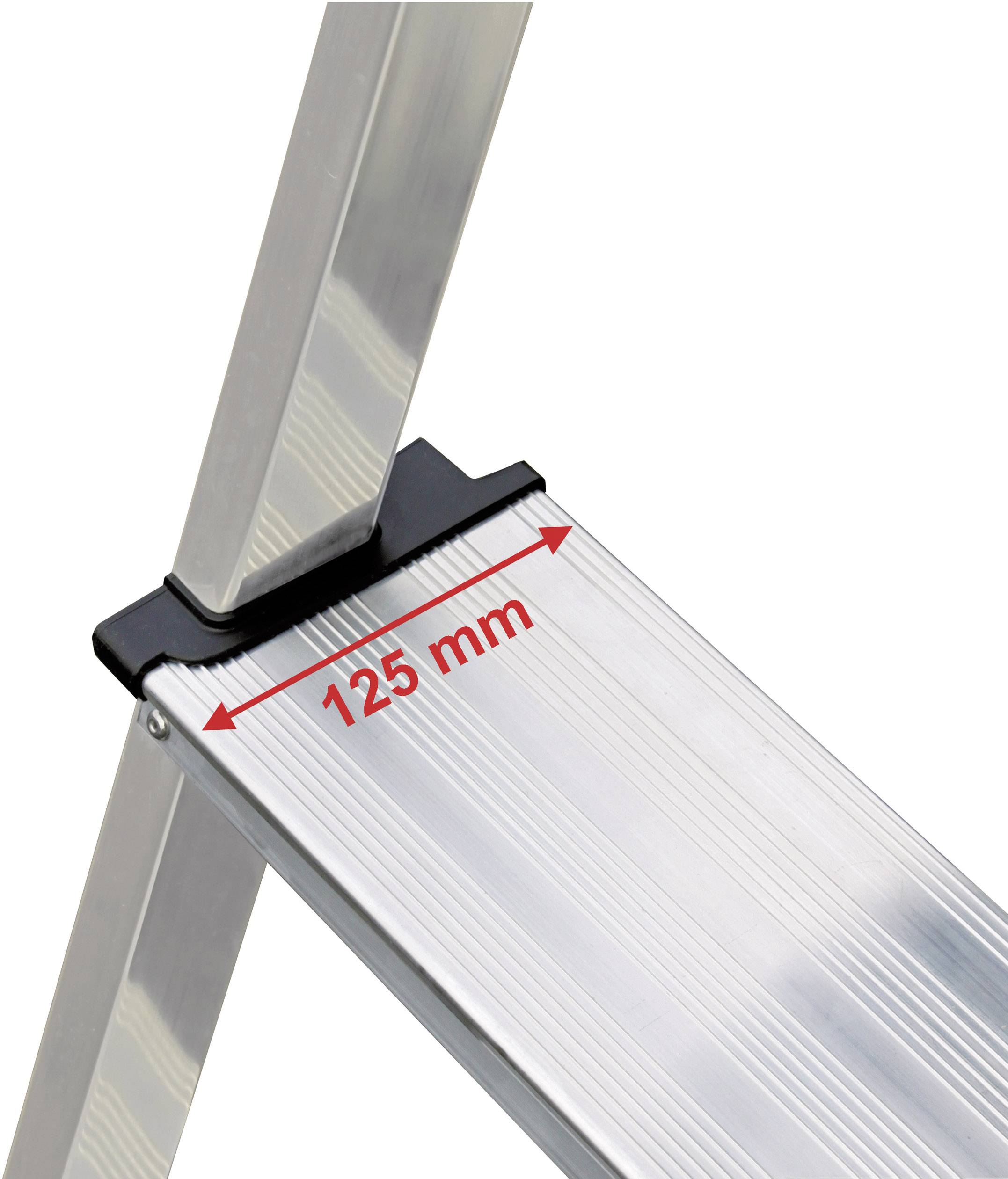 Drabina aluminiowa z jednym stopniem o szerokości 125 mm. Wyraźne żebrowanie na powierzchni zapewniające lepszą przyczepność.