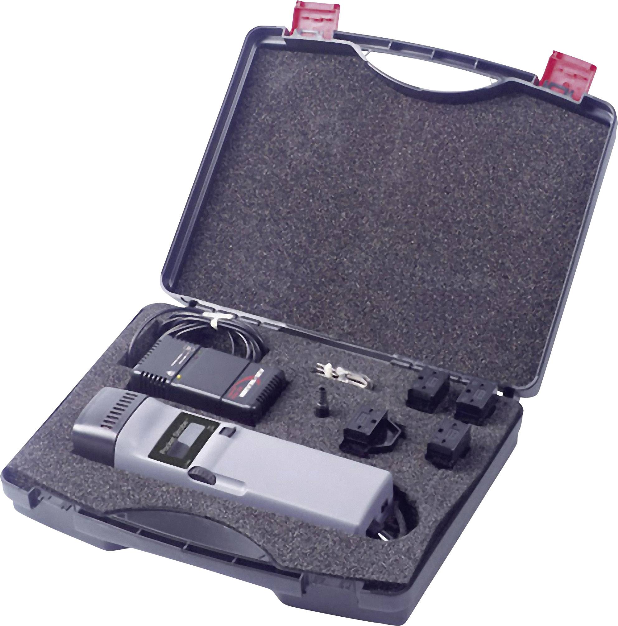 Przenośna walizka z szarym urządzeniem laserowym, stacją ładowania i różnymi adapterami.