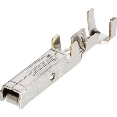 Pojedynczy metalowy pin kontaktowy stosowany w złączach elektrycznych, posiadający klamrową formę z jednej strony.