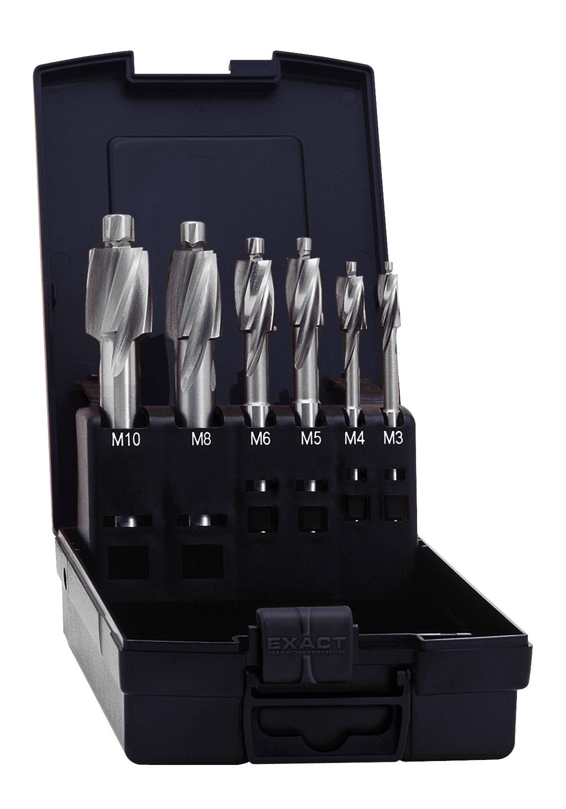 Zestaw gwintowników do metalu w czarnym otwartym pudełku, rozmiary M3 do M10.