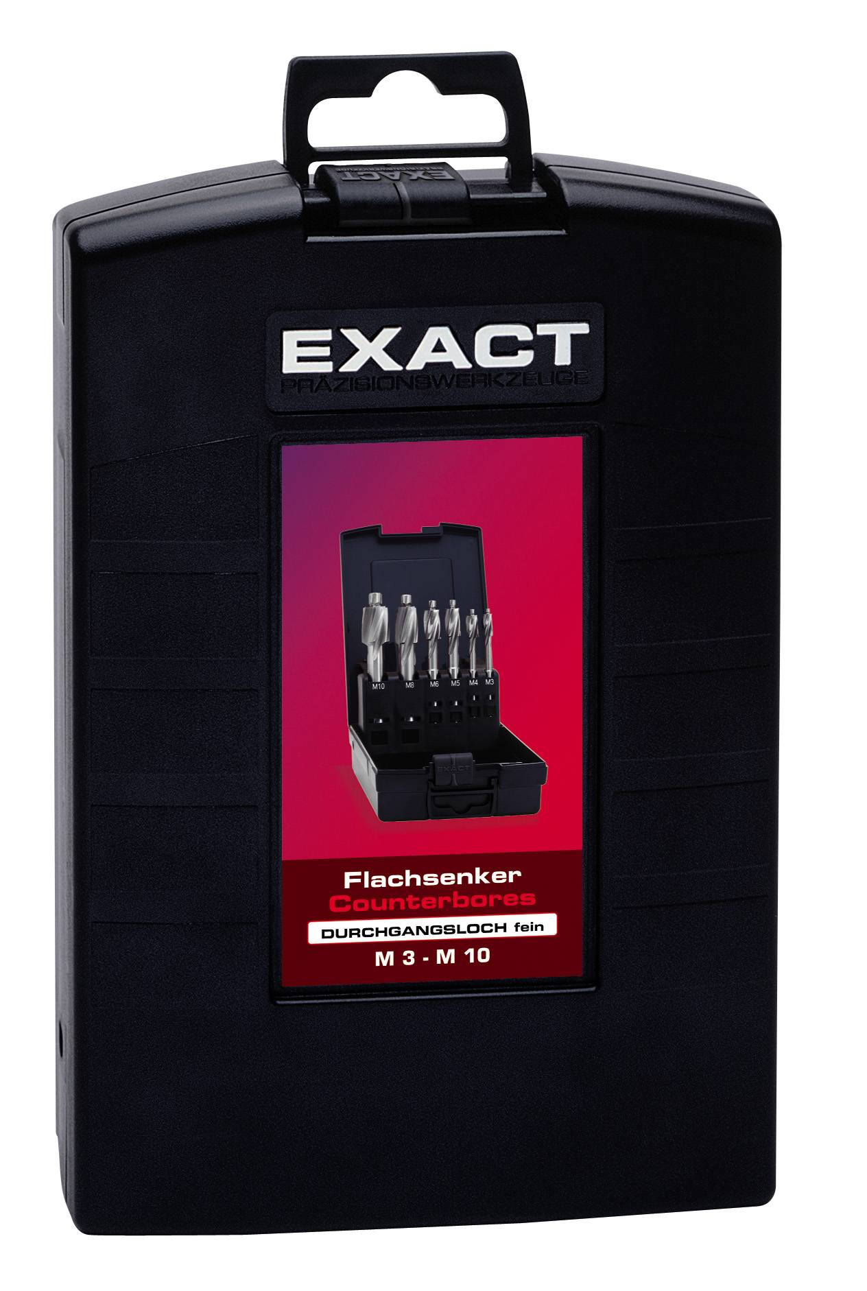 Czarna skrzynka z czerwoną etykietą, przedstawiająca pięć srebrnych pogłębiaczy. Tekst: 'Pogłębiacz do otworów przelotowych drobny M 3 - M 10'.