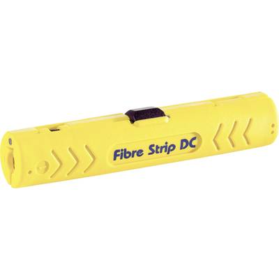 Żółte narzędzie do zdejmowania powłoki kabli światłowodowych z napisem 'Fibre Strip DC', używane do precyzyjnego usuwania osłon kabli.