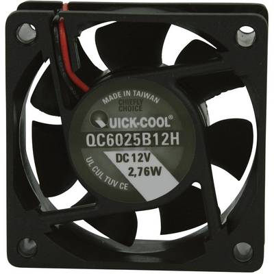 Czarny wentylator z etykietą 'Quick-Cool QC6025B12H', o mocy 12V, 2,76W. Produkt jest 'Made in Taiwan'.