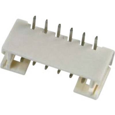 Biały wtyk plastikowy z sześcioma stykami metalowymi, przeznaczony do połączeń elektrycznych na płytce drukowanej.