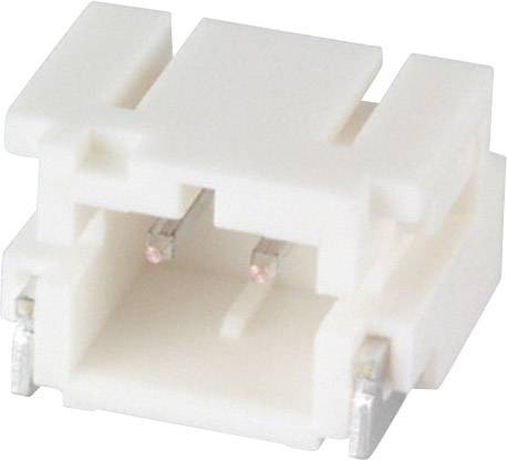 Biały elektryczny złącz wtykowy, prostokątny kształt, z dwoma stykami metalowymi. Stosowany w obwodach elektronicznych.