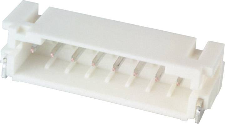 Biały złączacz z tworzywa sztucznego z wieloma metalowymi stykami, o prostokątnym kształcie, z bocznym zaczepem zabezpieczającym połączenie.