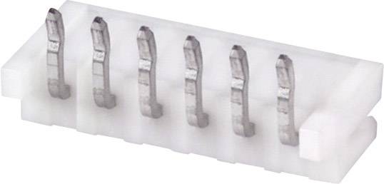 Biała listwa łącznika z tworzywa sztucznego z sześcioma metalowymi pinami, sfotografowana z boku na białym tle.