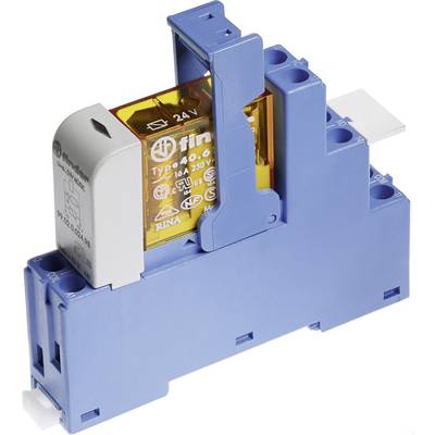 'Elektromechaniczne przekaźnik w niebieskiej obudowie, typ 16A, 24V, firmy Finder. Używany do sterowania obwodami elektrycznymi.'