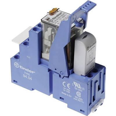 Niebieski elektryczny moduł przekaźnikowy, typ 94.04 marki Finder, odpowiedni do zastosowań o natężeniu 10A i napięciu 250V, posiadający certyfikaty CE i UL.