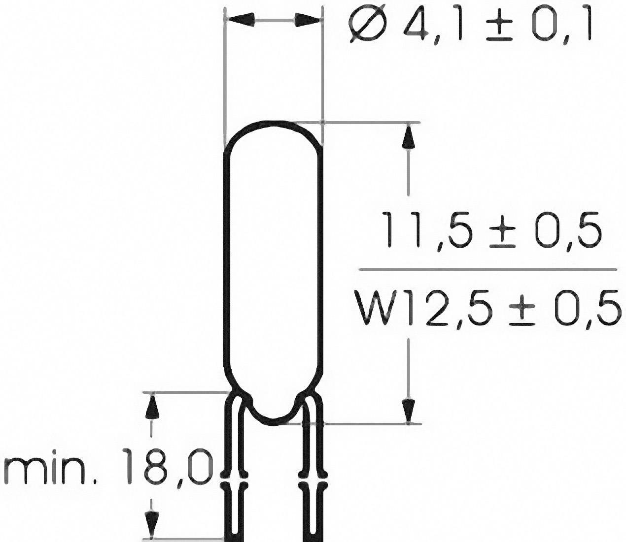 Rysunek techniczny cylindrycznej komponenty. Średnica: 4,1 ± 0,1 mm. Wysokość: 11,5 ± 0,5 mm. Szerokość: 12,5 ± 0,5 mm. Minimalny dystans: 18 mm.
