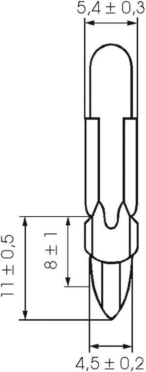 Rysunek techniczny elementu z wymiarami: długość całkowita 11 ± 0,5 mm, szerokość 4,5 ± 0,2 mm, wysokość 8 ± 1 mm, szerokość pokrywy 5,4 ± 0,3 mm.