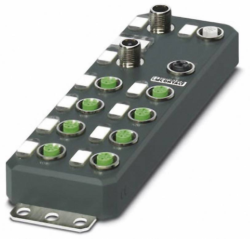 Prostokątne urządzenie elektroniczne z wieloma zielonymi i szarymi złączami, służące do sterowania procesami przemysłowymi.